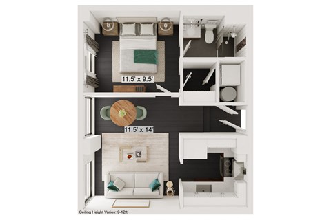 Floor plan for 1 bed, 1 bath, 480 sqft